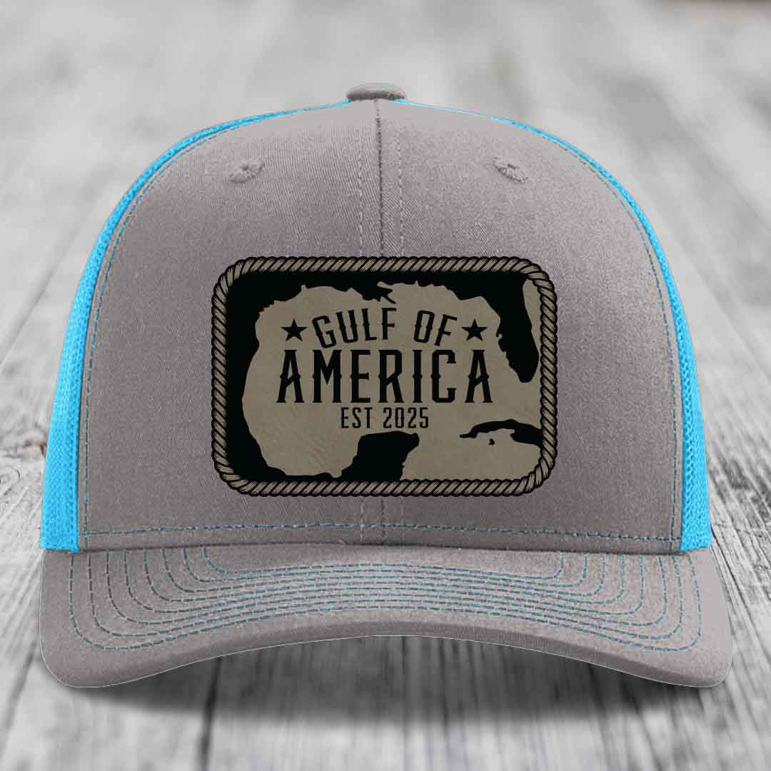 Gulf of America - Leather Patch Hat - Light Brown to Black Patch - Richardson 112 Snapback Trucker Hat