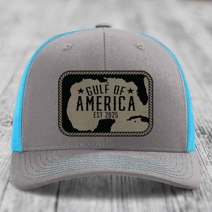 Gulf of America - Leather Patch Hat - Light Brown to Black Patch - Richardson 112 Snapback Trucker Hat