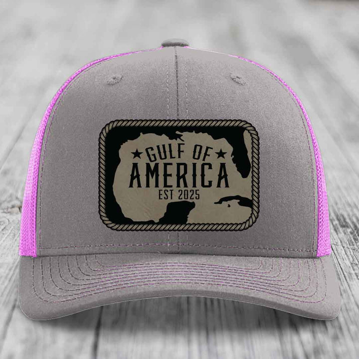 Gulf of America - Leather Patch Hat - Light Brown to Black Patch - Richardson 112 Snapback Trucker Hat