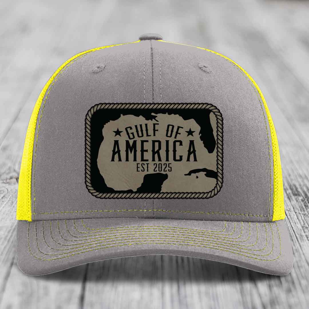 Gulf of America - Leather Patch Hat - Light Brown to Black Patch - Richardson 112 Snapback Trucker Hat