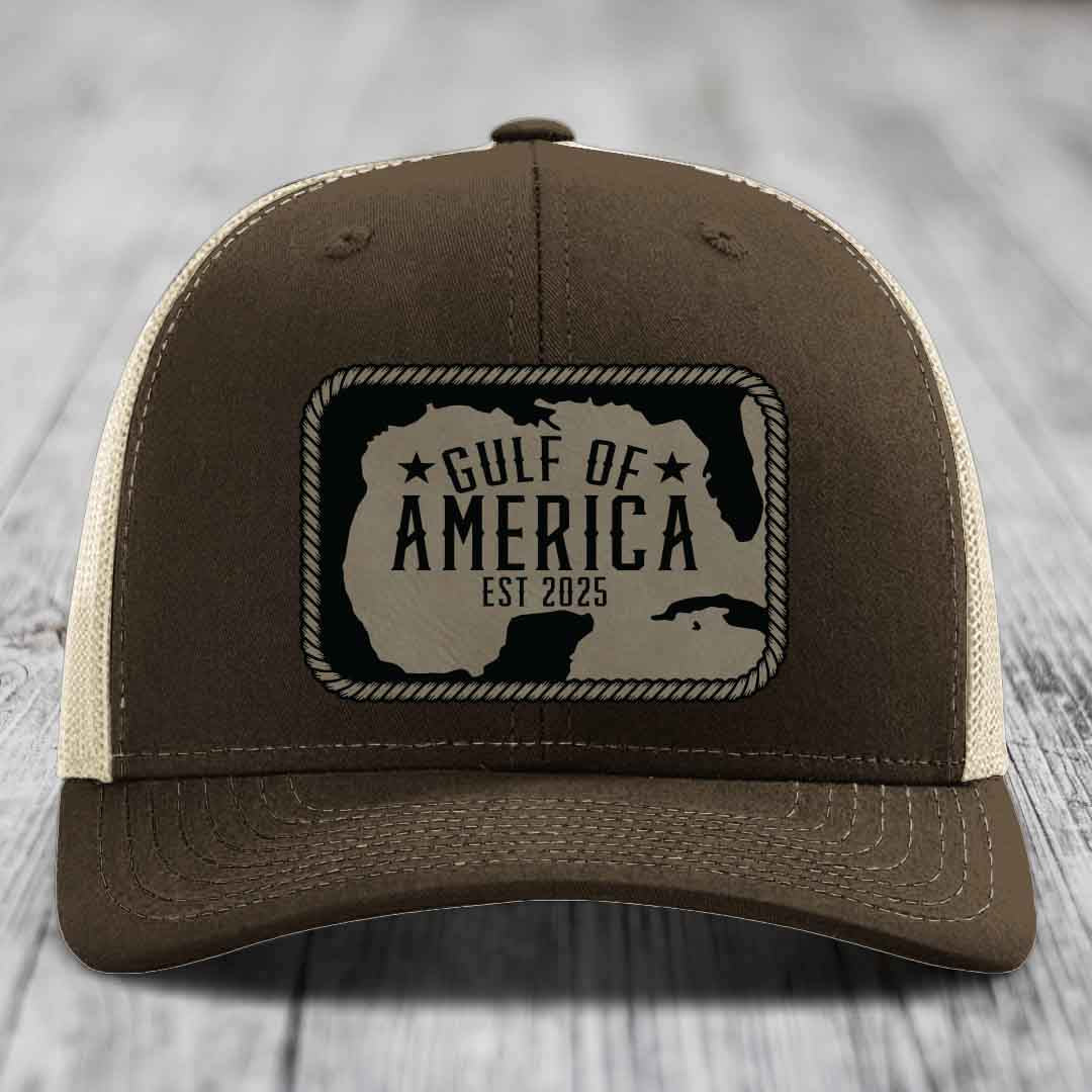 Gulf of America - Leather Patch Hat - Light Brown to Black Patch - Richardson 112 Snapback Trucker Hat