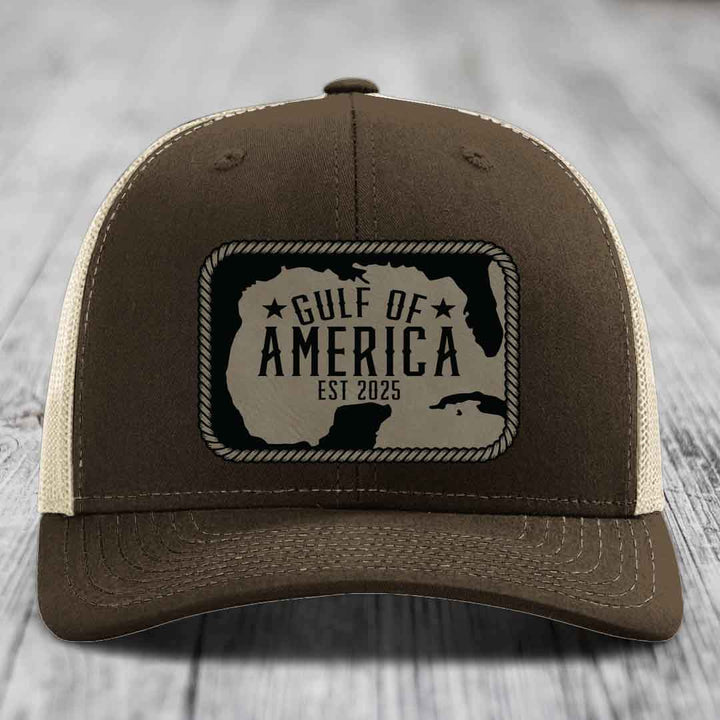 Gulf of America - Leather Patch Hat - Light Brown to Black Patch - Richardson 112 Snapback Trucker Hat