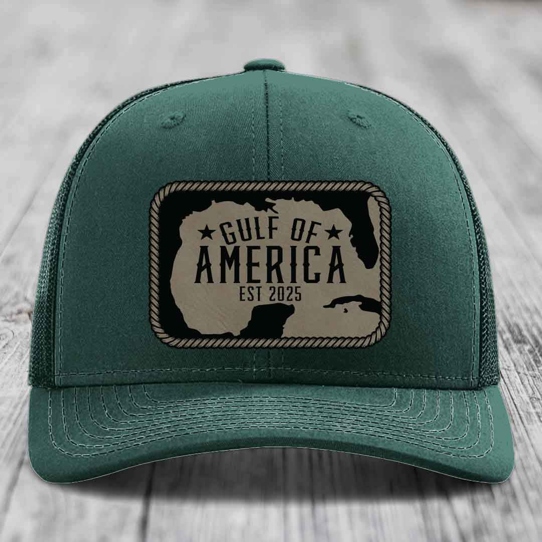Gulf of America - Leather Patch Hat - Light Brown to Black Patch - Richardson 112 Snapback Trucker Hat