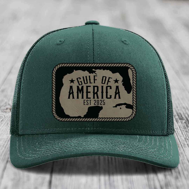 Gulf of America - Leather Patch Hat - Light Brown to Black Patch - Richardson 112 Snapback Trucker Hat