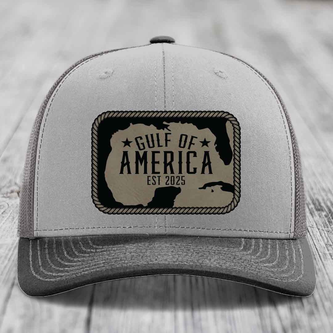 Gulf of America - Leather Patch Hat - Light Brown to Black Patch - Richardson 112 Snapback Trucker Hat