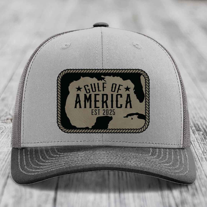 Gulf of America - Leather Patch Hat - Light Brown to Black Patch - Richardson 112 Snapback Trucker Hat