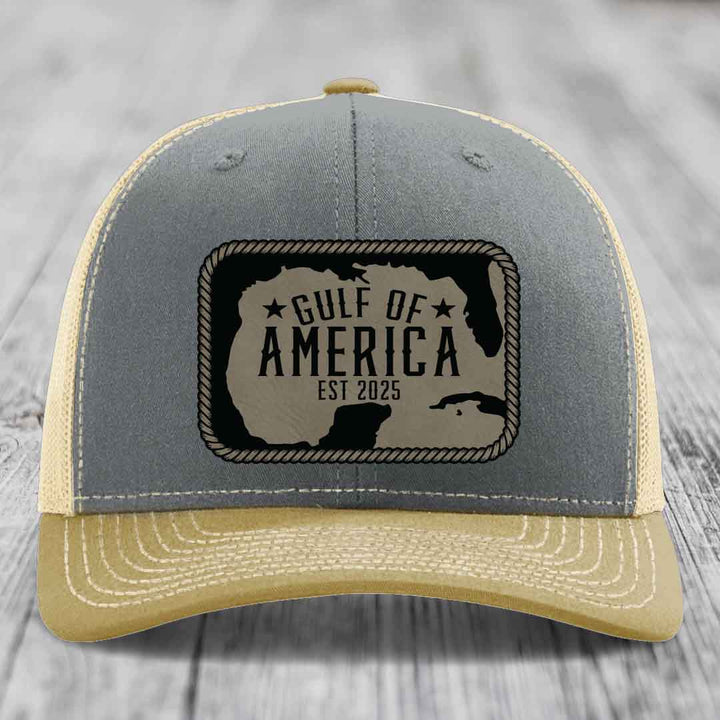 Gulf of America - Leather Patch Hat - Light Brown to Black Patch - Richardson 112 Snapback Trucker Hat