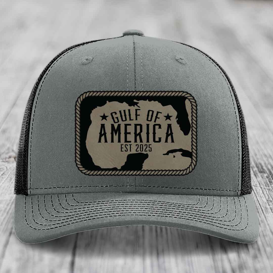 Gulf of America - Leather Patch Hat - Light Brown to Black Patch - Richardson 112 Snapback Trucker Hat