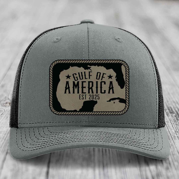 Gulf of America - Leather Patch Hat - Light Brown to Black Patch - Richardson 112 Snapback Trucker Hat