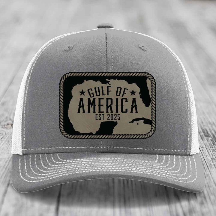 Gulf of America - Leather Patch Hat - Light Brown to Black Patch - Richardson 112 Snapback Trucker Hat