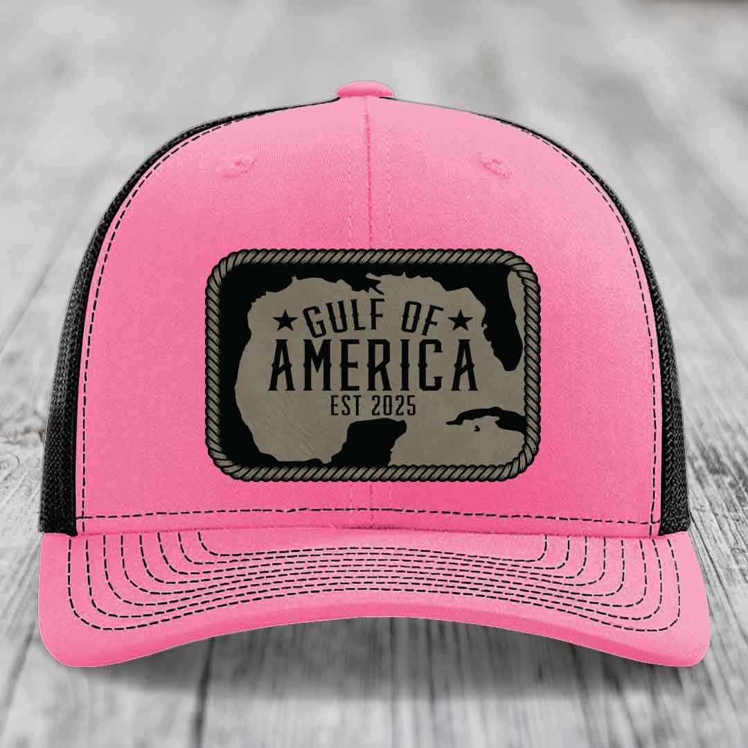 Gulf of America - Leather Patch Hat - Light Brown to Black Patch - Richardson 112 Snapback Trucker Hat