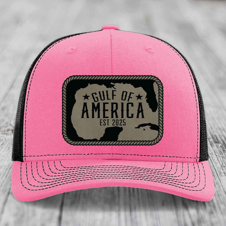 Gulf of America - Leather Patch Hat - Light Brown to Black Patch - Richardson 112 Snapback Trucker Hat