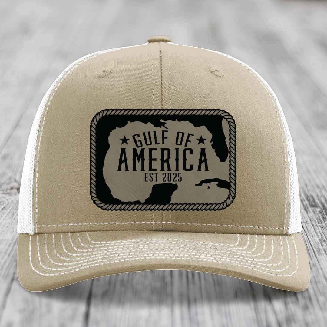 Gulf of America - Leather Patch Hat - Light Brown to Black Patch - Richardson 112 Snapback Trucker Hat