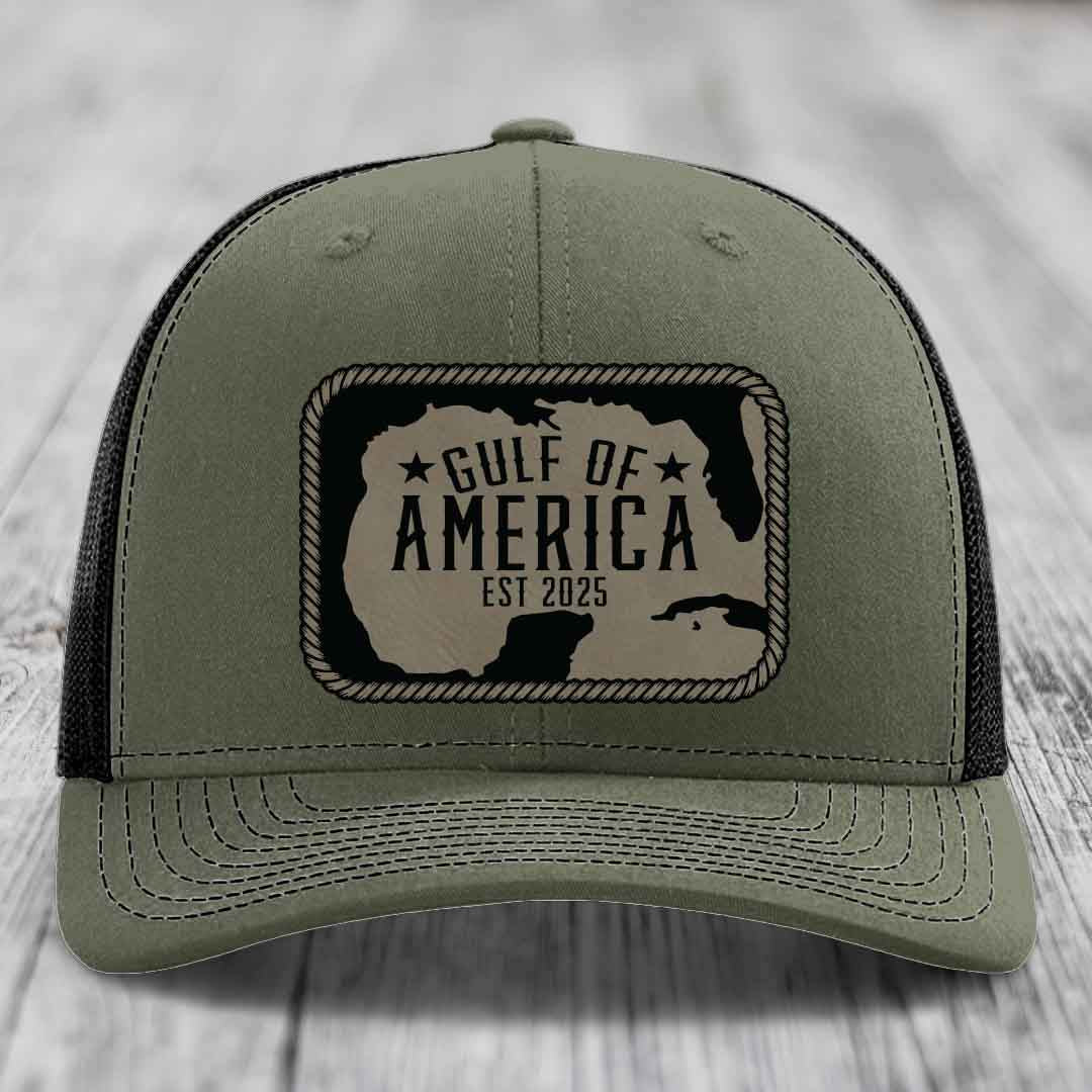 Gulf of America - Leather Patch Hat - Light Brown to Black Patch - Richardson 112 Snapback Trucker Hat