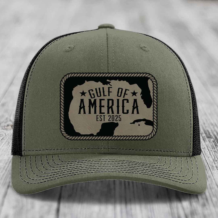 Gulf of America - Leather Patch Hat - Light Brown to Black Patch - Richardson 112 Snapback Trucker Hat