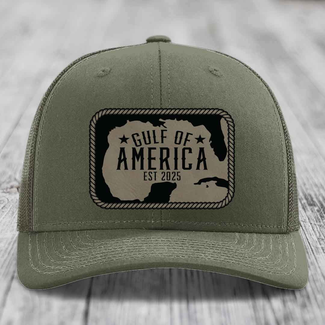 Gulf of America - Leather Patch Hat - Light Brown to Black Patch - Richardson 112 Snapback Trucker Hat