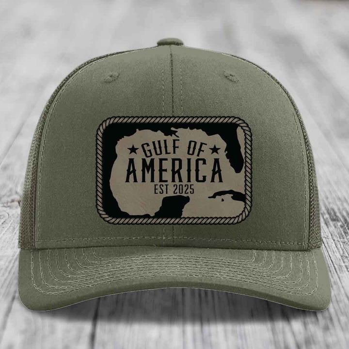 Gulf of America - Leather Patch Hat - Light Brown to Black Patch - Richardson 112 Snapback Trucker Hat