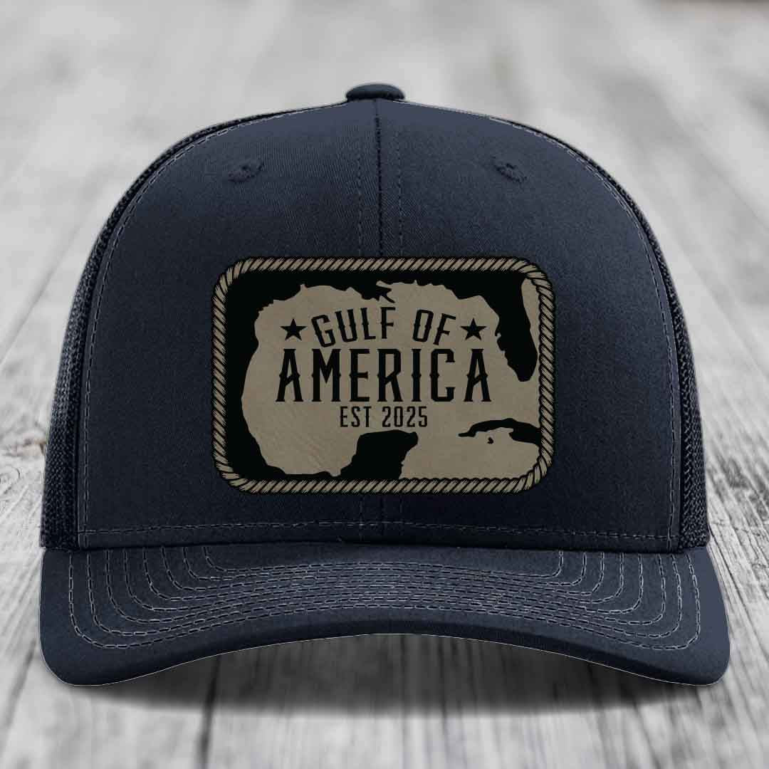 Gulf of America - Leather Patch Hat - Light Brown to Black Patch - Richardson 112 Snapback Trucker Hat