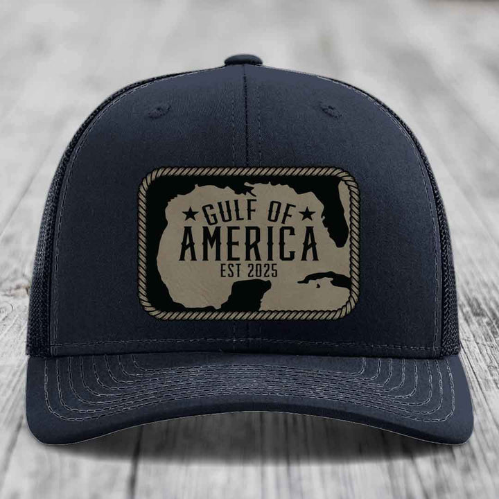 Gulf of America - Leather Patch Hat - Light Brown to Black Patch - Richardson 112 Snapback Trucker Hat