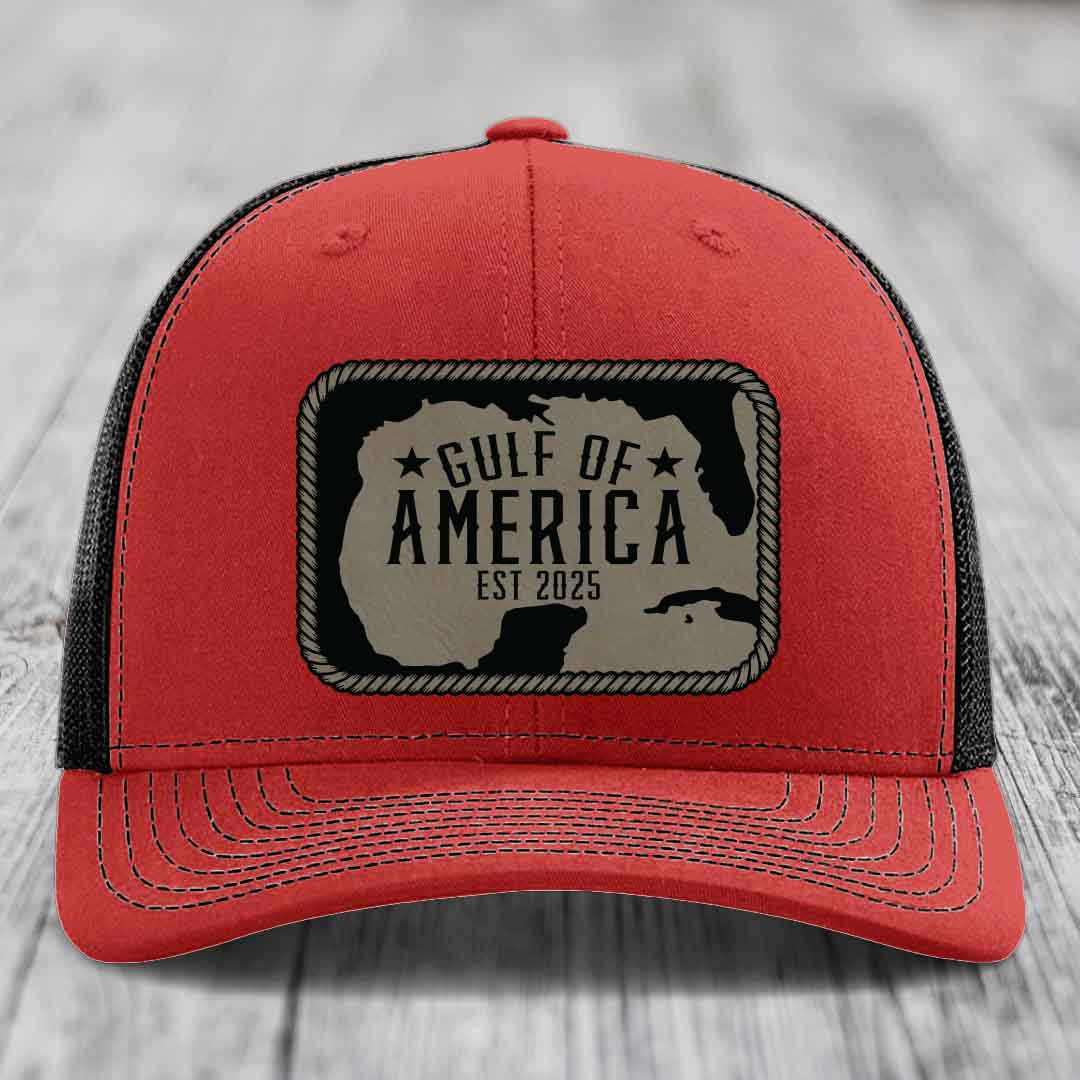 Gulf of America - Leather Patch Hat - Light Brown to Black Patch - Richardson 112 Snapback Trucker Hat
