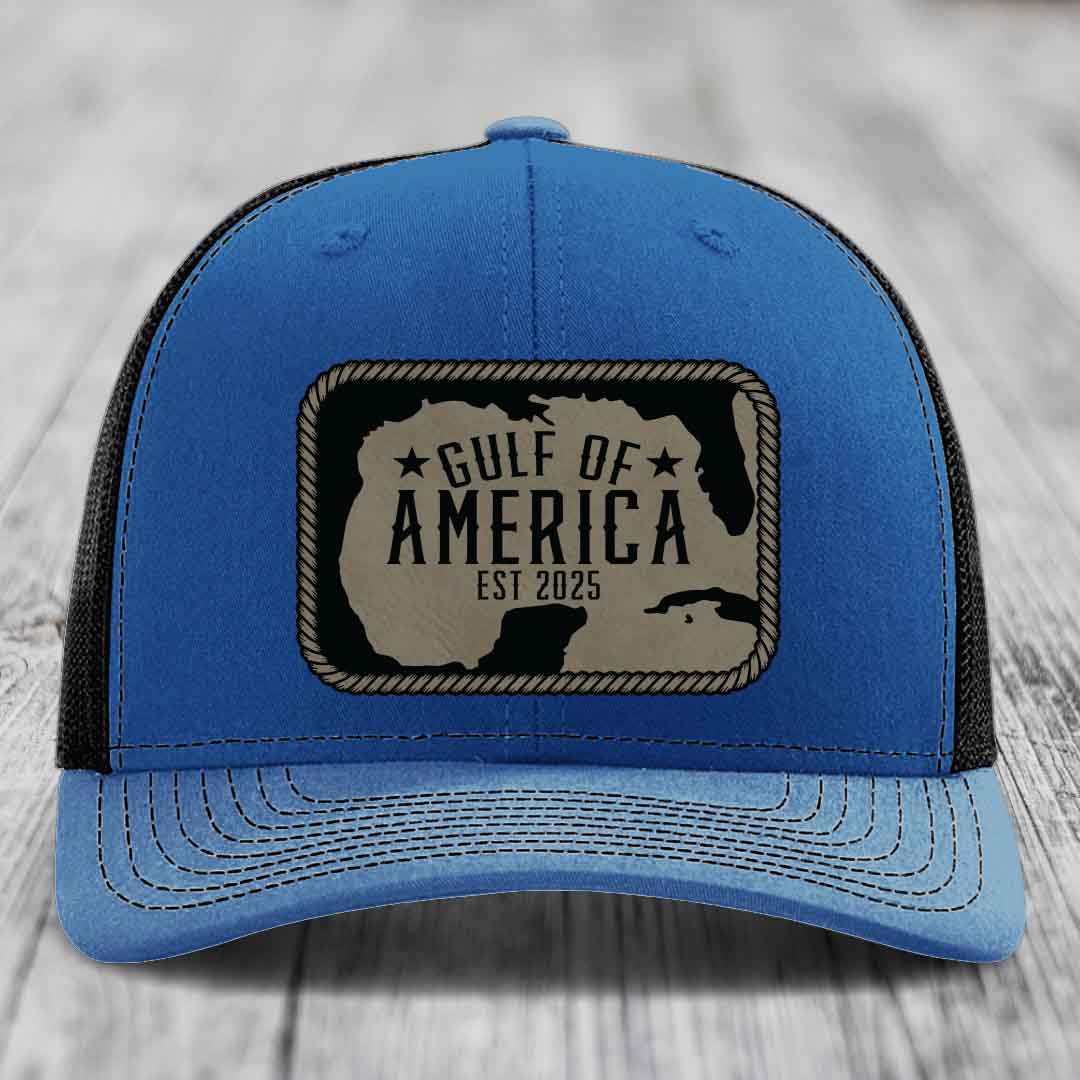 Gulf of America - Leather Patch Hat - Light Brown to Black Patch - Richardson 112 Snapback Trucker Hat