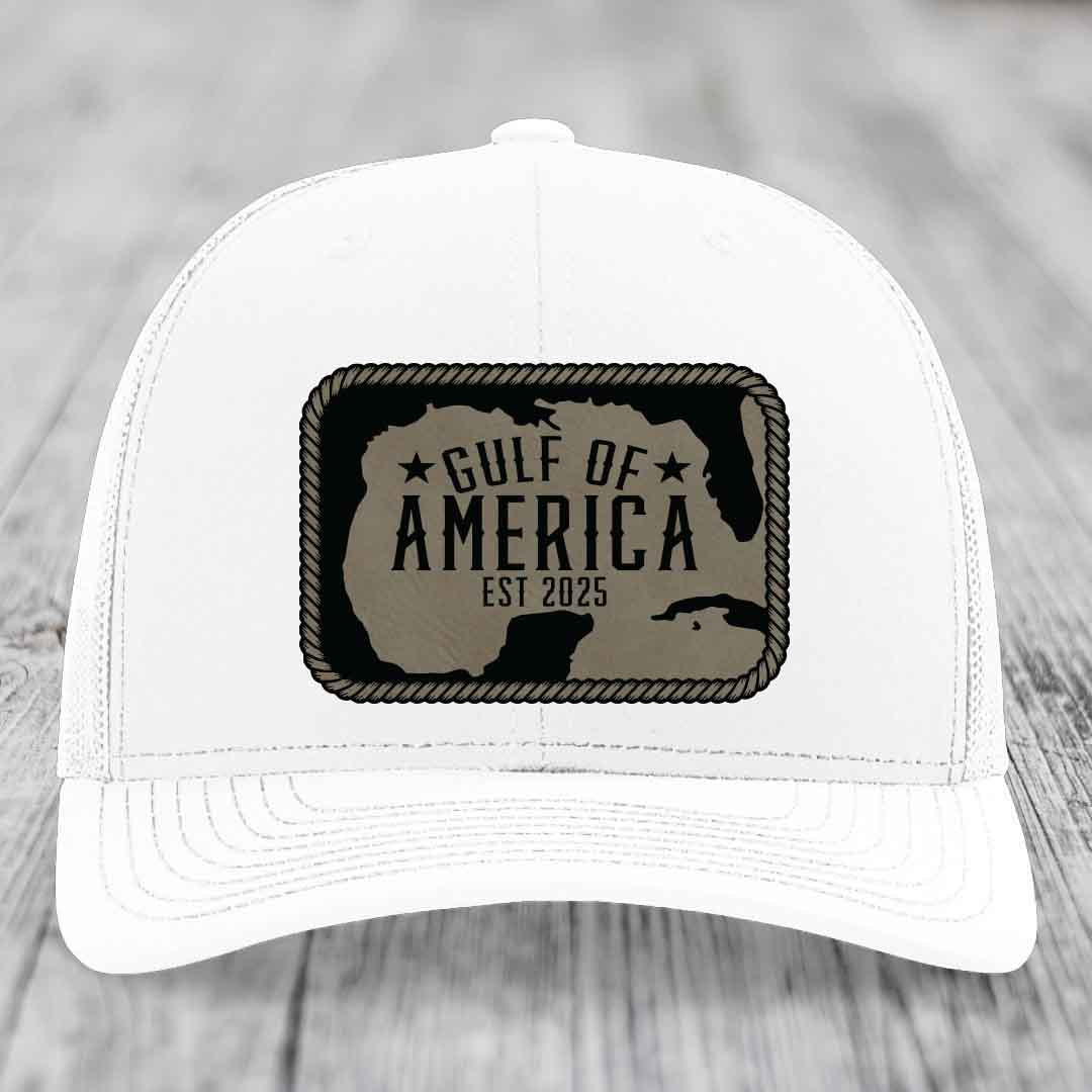 Gulf of America - Leather Patch Hat - Light Brown to Black Patch - Richardson 112 Snapback Trucker Hat