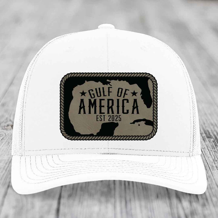 Gulf of America - Leather Patch Hat - Light Brown to Black Patch - Richardson 112 Snapback Trucker Hat