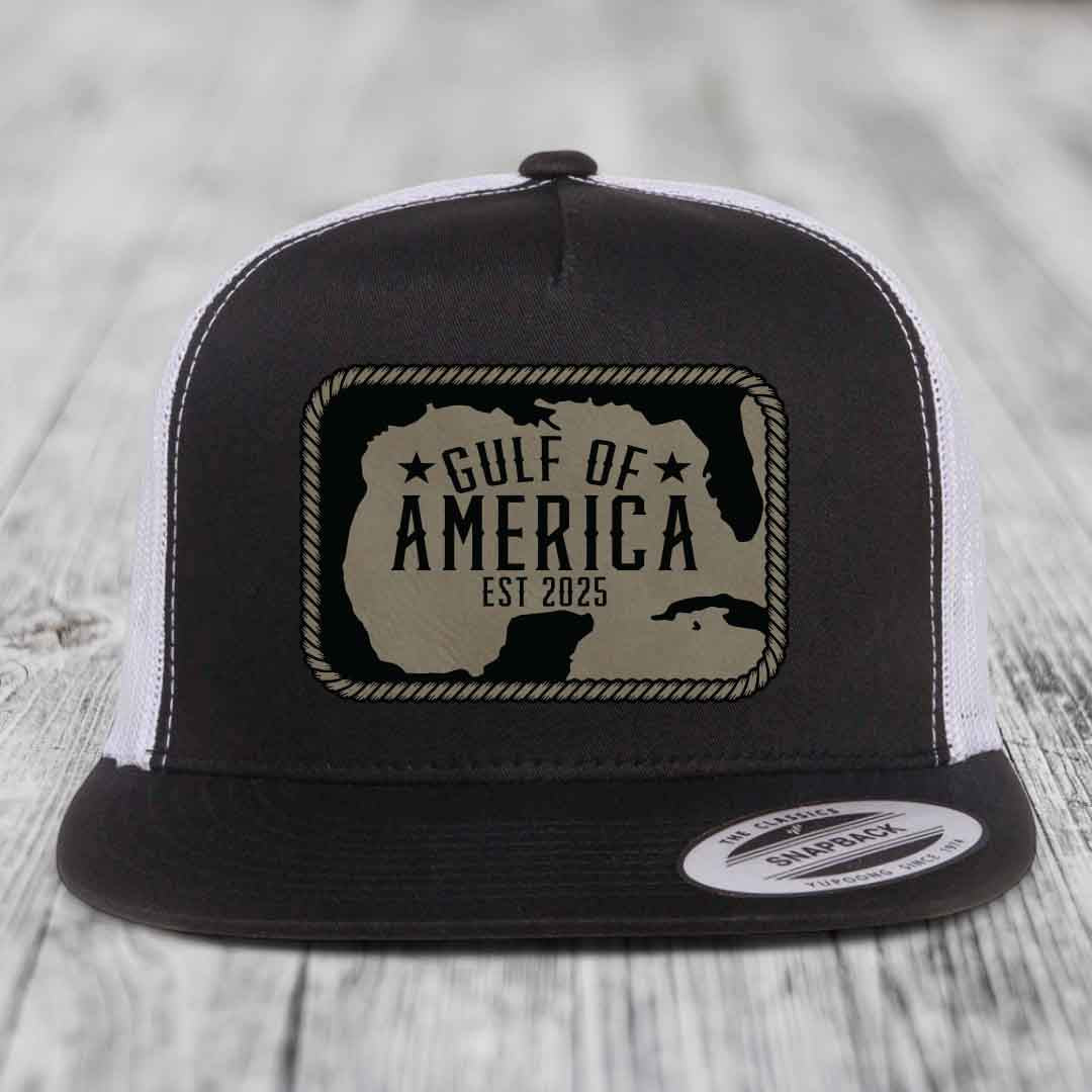 Gulf of America - Leather Patch Hat - Light Brown to Black Patch - Yupoong 6006 Snapback Flatbill Hat