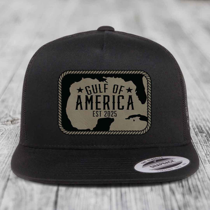 Gulf of America - Leather Patch Hat - Light Brown to Black Patch - Yupoong 6006 Snapback Flatbill Hat