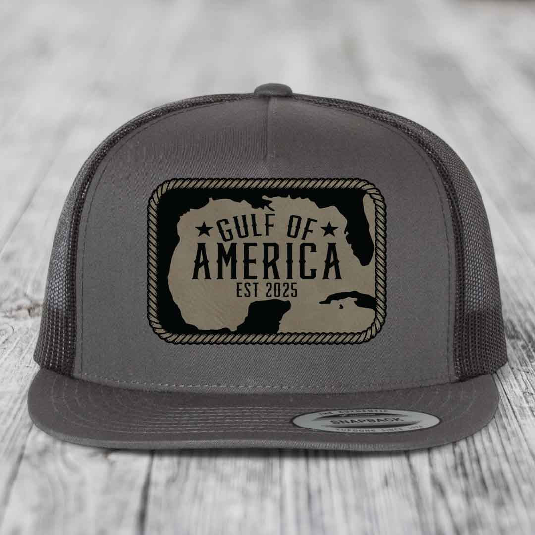 Gulf of America - Leather Patch Hat - Light Brown to Black Patch - Yupoong 6006 Snapback Flatbill Hat