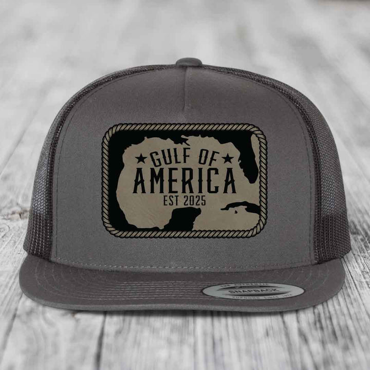 Gulf of America - Leather Patch Hat - Light Brown to Black Patch - Yupoong 6006 Snapback Flatbill Hat