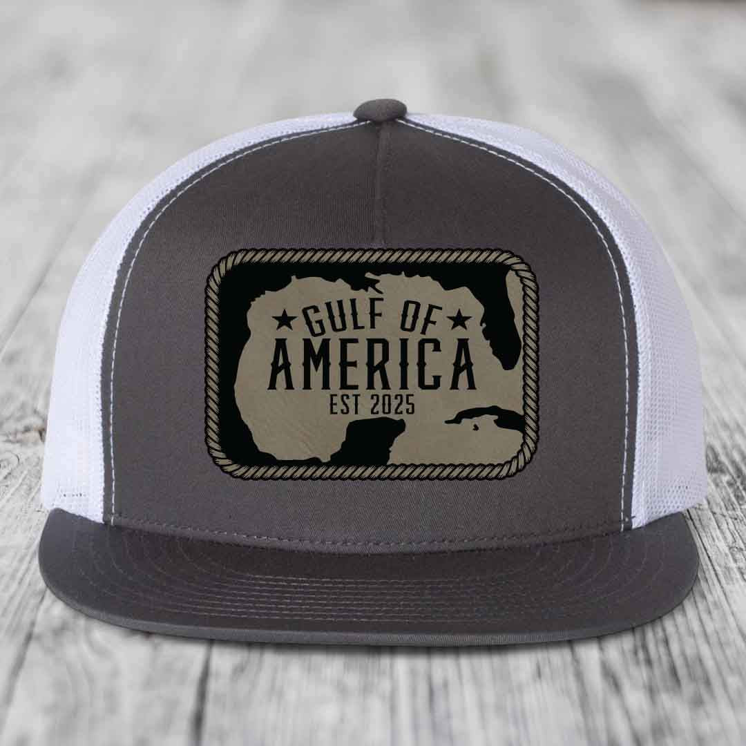 Gulf of America - Leather Patch Hat - Light Brown to Black Patch - Yupoong 6006 Snapback Flatbill Hat