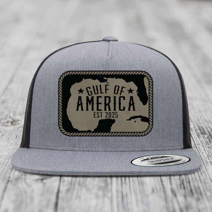 Gulf of America - Leather Patch Hat - Light Brown to Black Patch - Yupoong 6006 Snapback Flatbill Hat