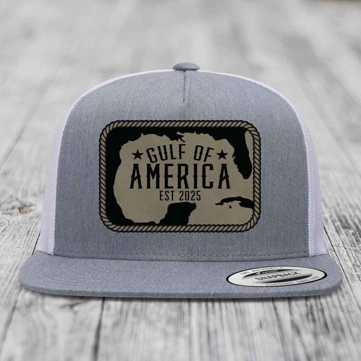 Gulf of America - Leather Patch Hat - Light Brown to Black Patch - Yupoong 6006 Snapback Flatbill Hat