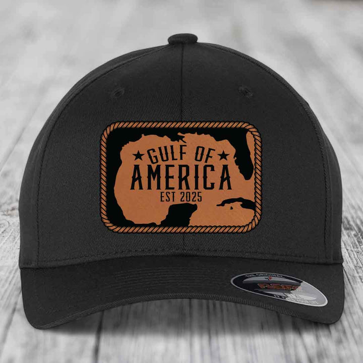 Gulf of America - Leather Patch Hat - Rawhide to Black Patch - Flexfit 6277 Fitted Hat