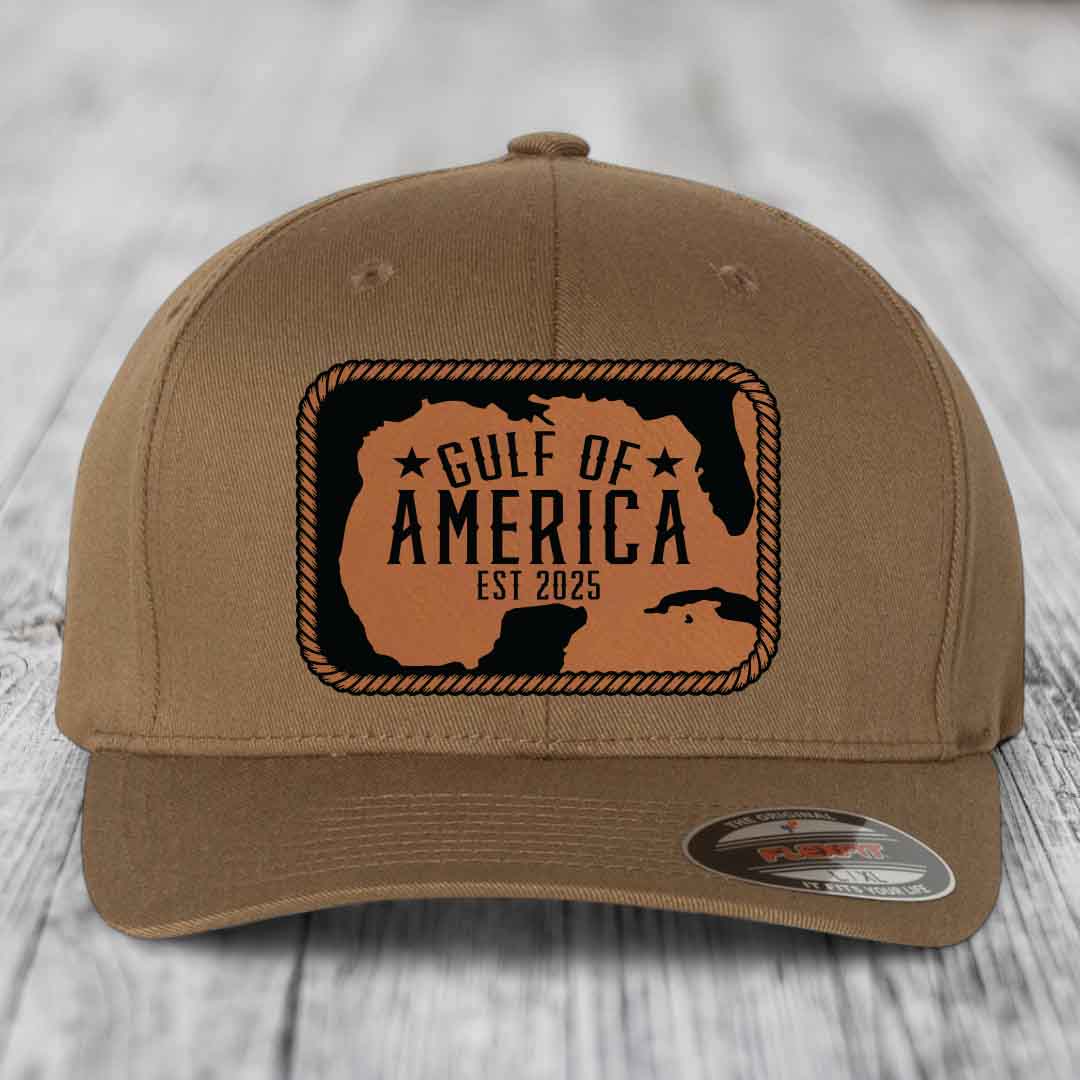 Gulf of America - Leather Patch Hat - Rawhide to Black Patch - Flexfit 6277 Fitted Hat