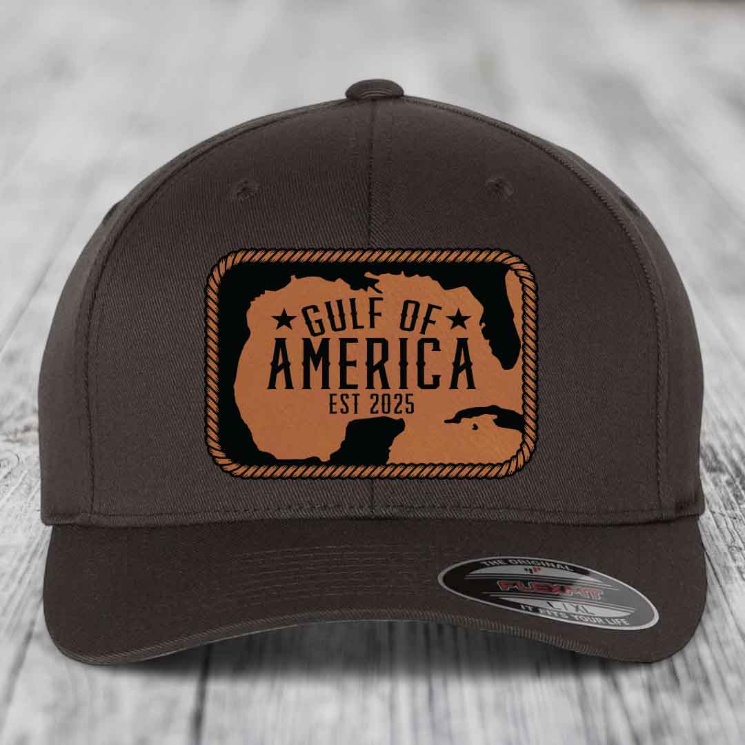Gulf of America - Leather Patch Hat - Rawhide to Black Patch - Flexfit 6277 Fitted Hat