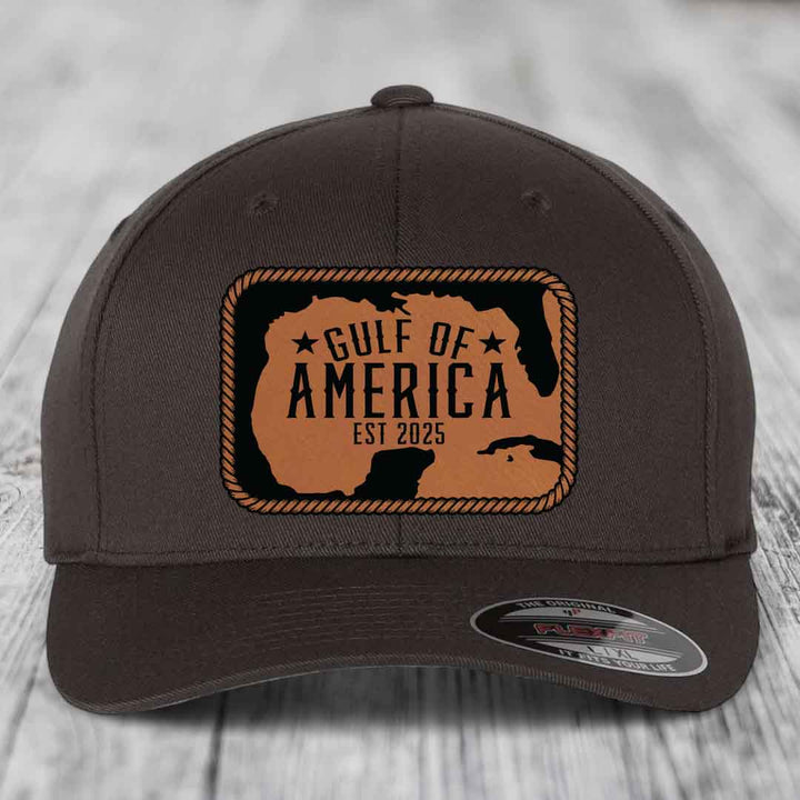 Gulf of America - Leather Patch Hat - Rawhide to Black Patch - Flexfit 6277 Fitted Hat