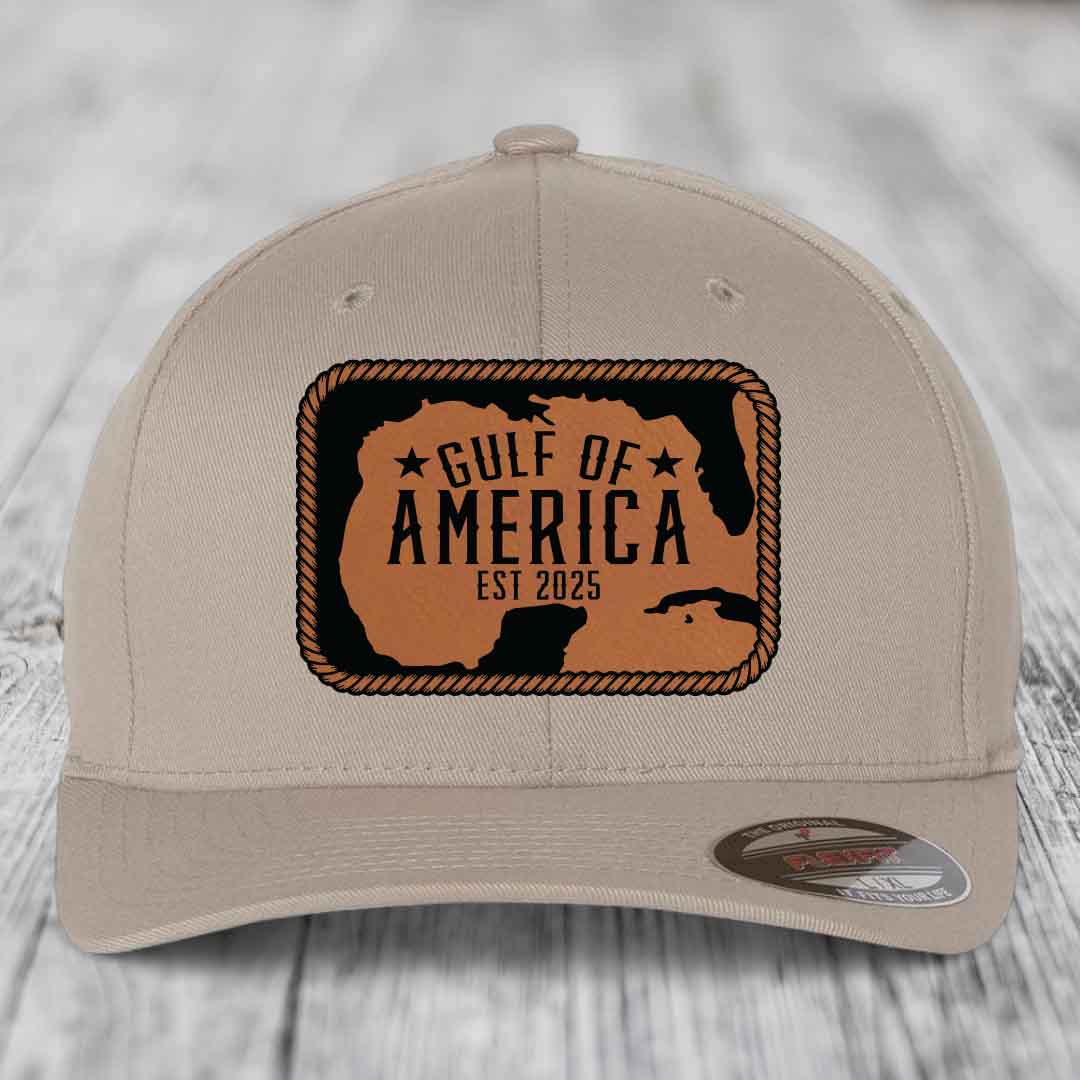 Gulf of America - Leather Patch Hat - Rawhide to Black Patch - Flexfit 6277 Fitted Hat