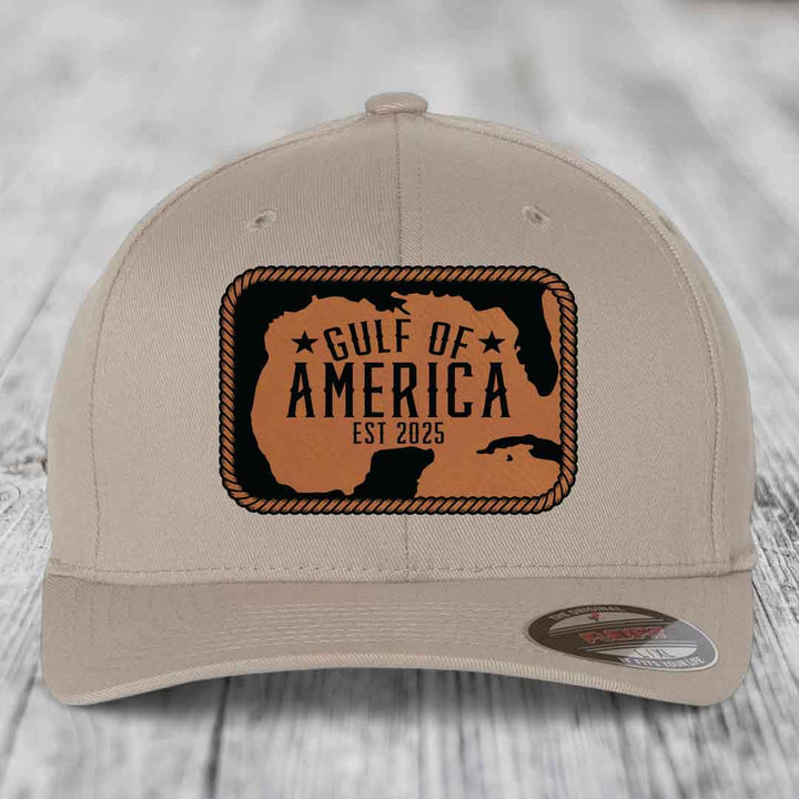 Gulf of America - Leather Patch Hat - Rawhide to Black Patch - Flexfit 6277 Fitted Hat