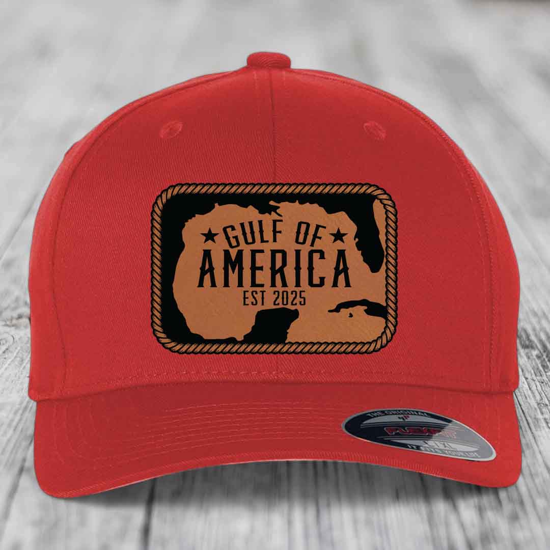 Gulf of America - Leather Patch Hat - Rawhide to Black Patch - Flexfit 6277 Fitted Hat