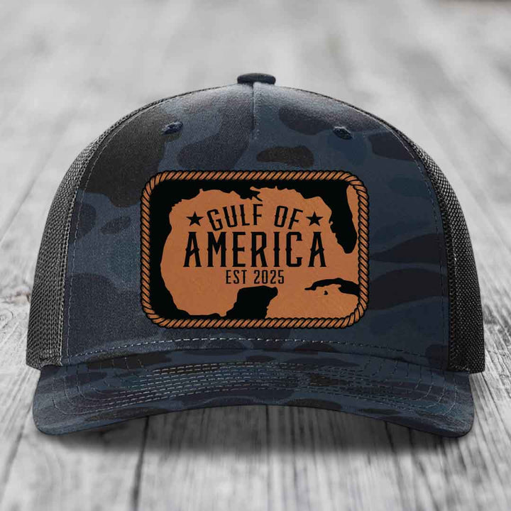 Gulf of America - Leather Patch Hat - Rawhide to Black Patch - Richardson 112PFP Snapback Trucker Hat