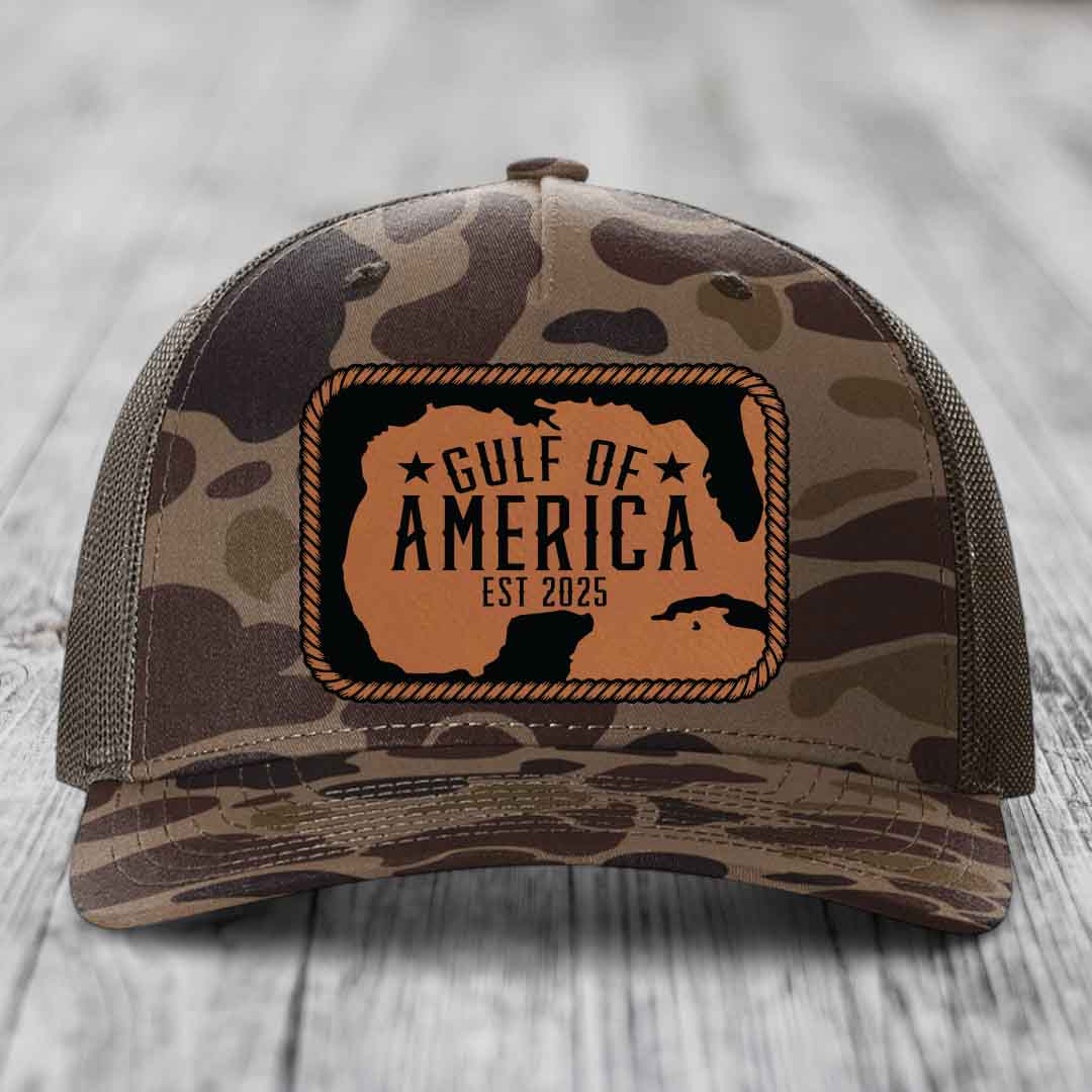 Gulf of America - Leather Patch Hat - Rawhide to Black Patch - Richardson 112PFP Snapback Trucker Hat