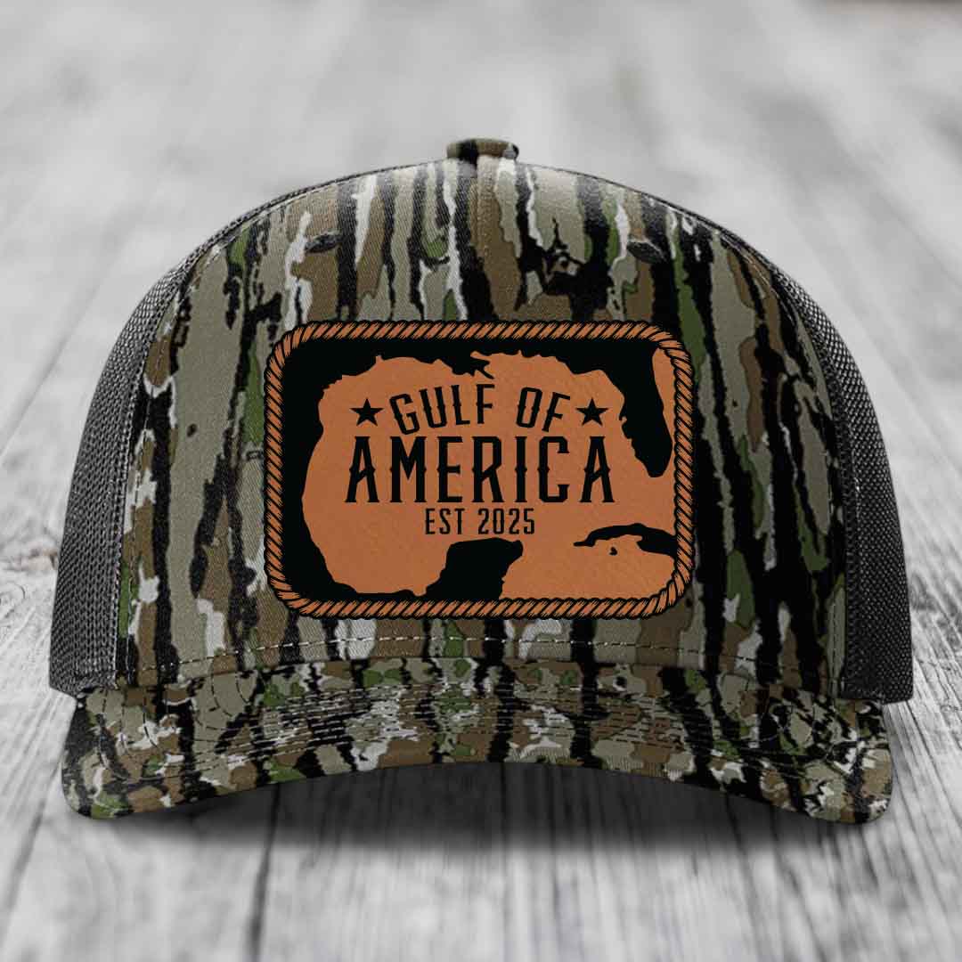 Gulf of America - Leather Patch Hat - Rawhide to Black Patch - Richardson 112PFP Snapback Trucker Hat