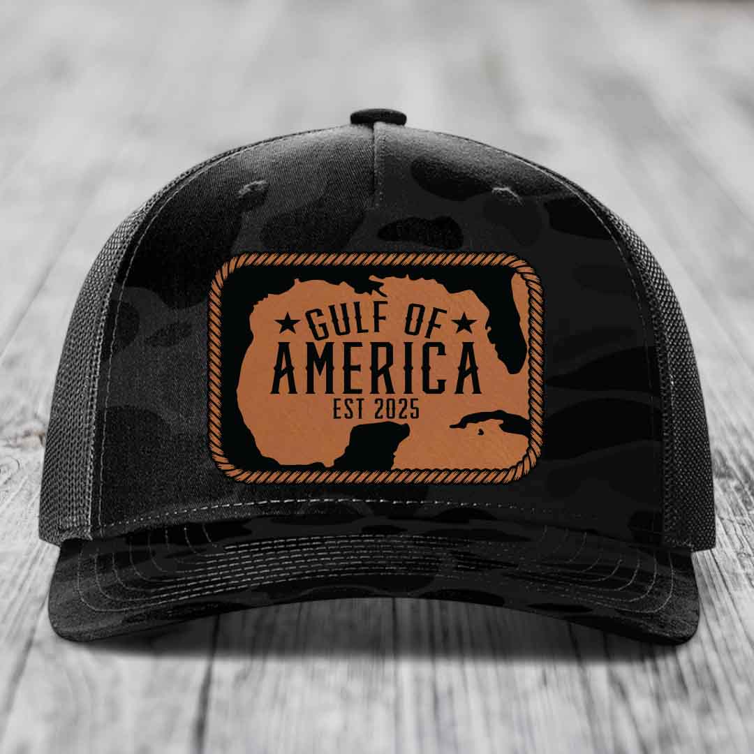 Gulf of America - Leather Patch Hat - Rawhide to Black Patch - Richardson 112PFP Snapback Trucker Hat