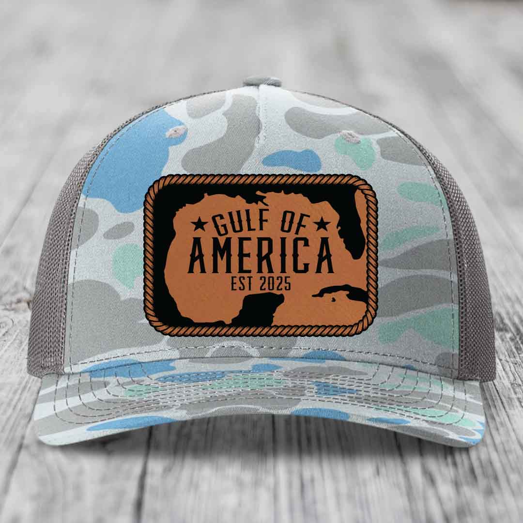 Gulf of America - Leather Patch Hat - Rawhide to Black Patch - Richardson 112PFP Snapback Trucker Hat