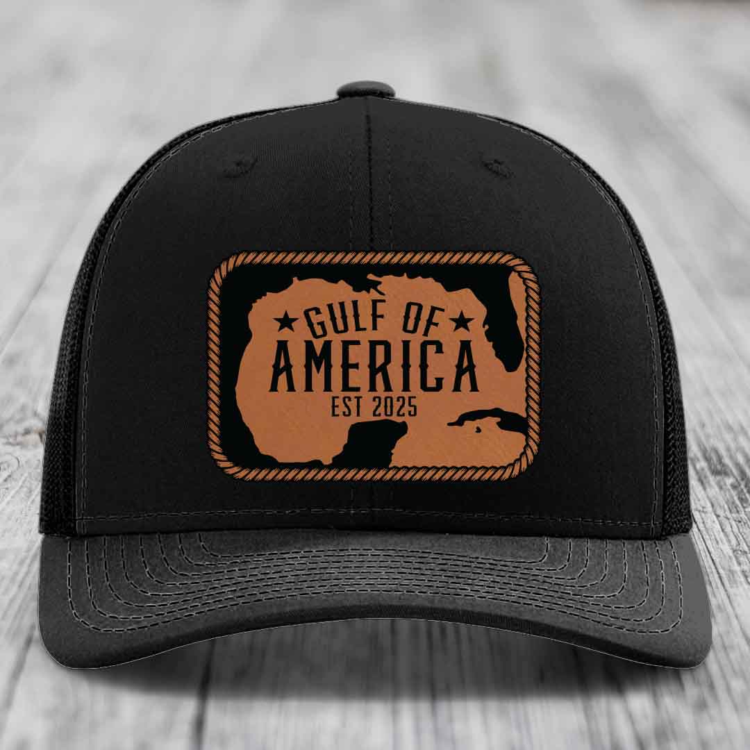 Gulf of America - Leather Patch Hat - Rawhide to Black Patch - Richardson 112 Snapback Trucker Hat
