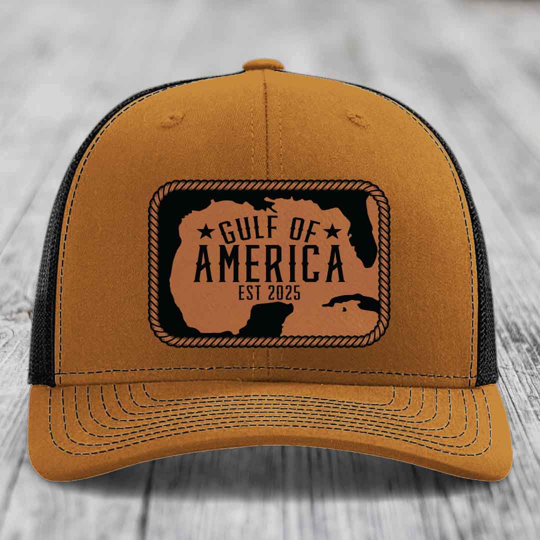 Gulf of America - Leather Patch Hat - Rawhide to Black Patch - Richardson 112 Snapback Trucker Hat