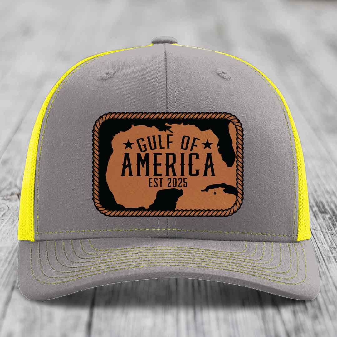 Gulf of America - Leather Patch Hat - Rawhide to Black Patch - Richardson 112 Snapback Trucker Hat