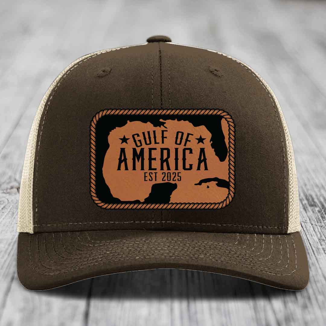 Gulf of America - Leather Patch Hat - Rawhide to Black Patch - Richardson 112 Snapback Trucker Hat